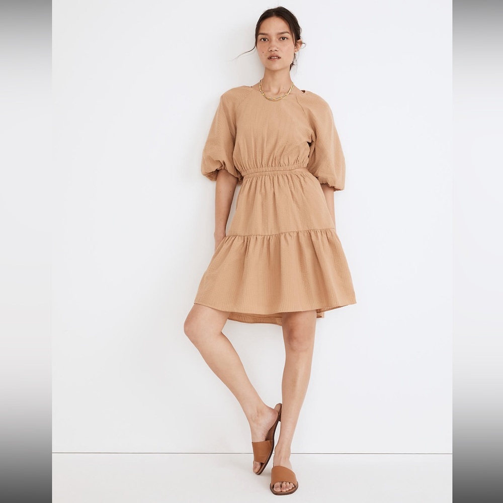NWT Madewell Mustard Yellow Seed Khaki Seersucker Puff-Sleeve Cutout Mini Dress